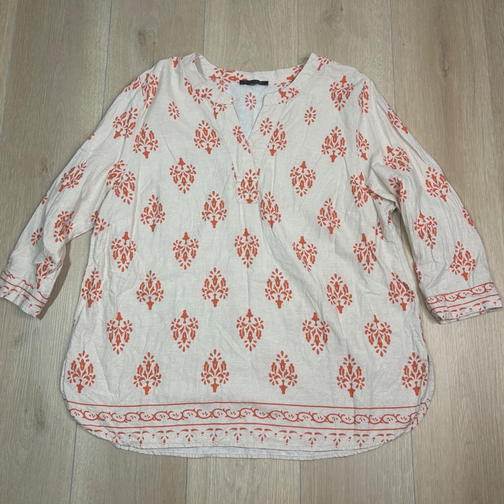 Tahari Women 1X Linen Tunic Top Orange Damask Block Print 3/4 Sleeve Blouse